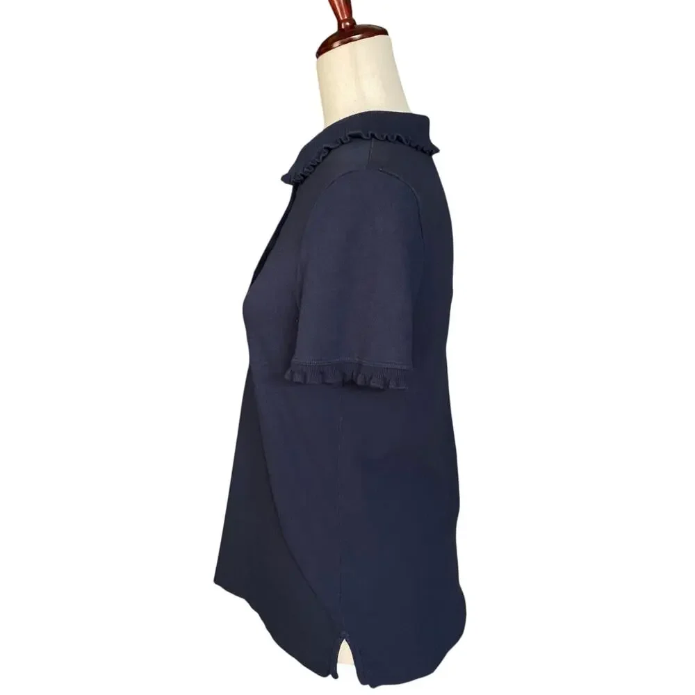 Tory Burch Pearl Button Polo Womens M Lettuce Hem Collar and Sleeves Navy Preppy